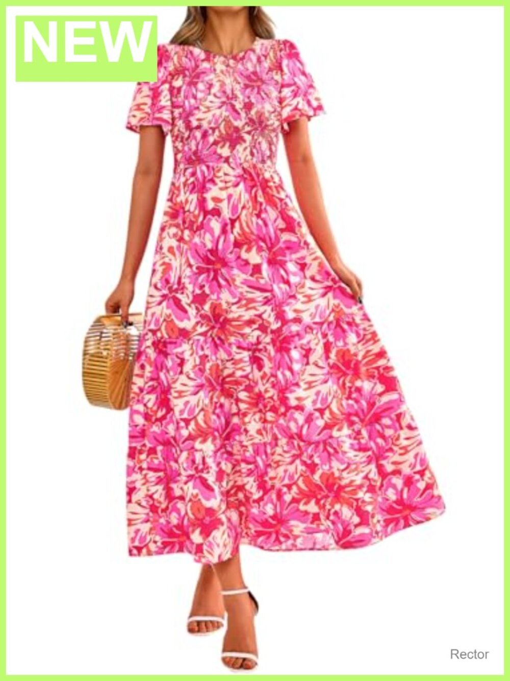 Flutter Sleeve Floral Maxi Dress Smocked Tiered High Waist A-Line Summer